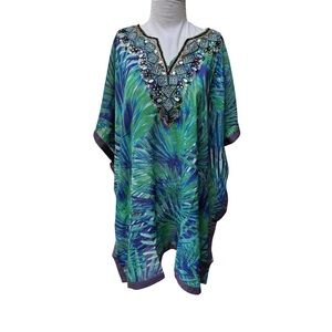 Fig and Vine embellished tropical print kaftan beaded swim cover up Size Large